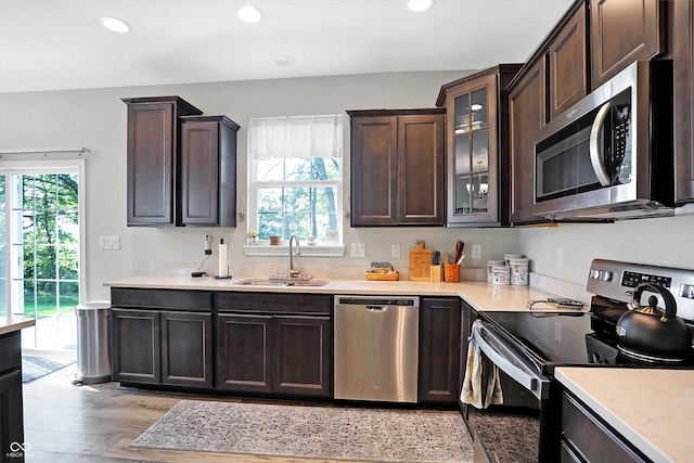 kitchen with plenty of natural light, appliances with stainless steel finishes, dark brown cabinets, and a sink