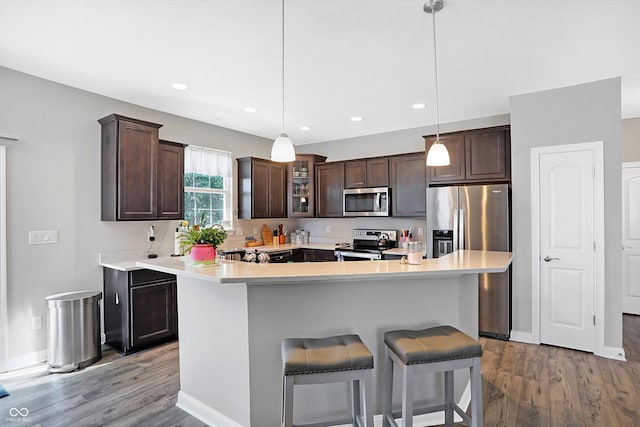 kitchen featuring stainless steel appliances, dark brown cabinets, and wood finished floors