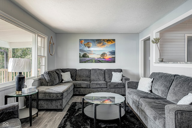 living room with a textured ceiling and hardwood / wood-style flooring