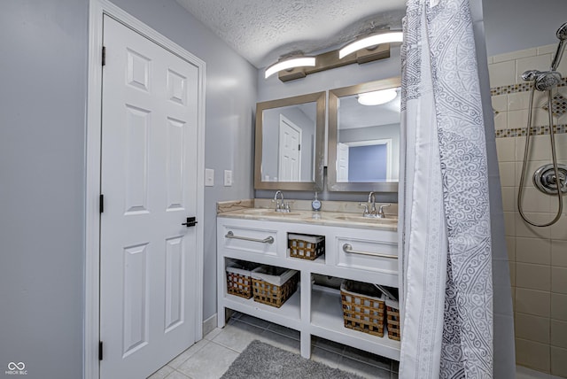 7587 Shady Side Dr, Bloomington, IN 47401 - bathroom with a textured ceiling, a sink, a tile shower, and tile patterned flooring