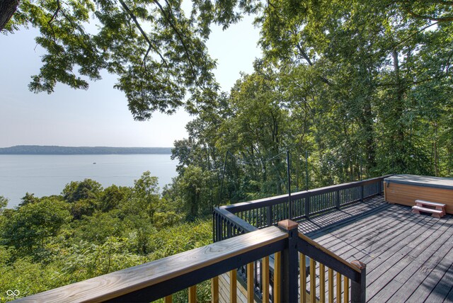 7587 Shady Side Dr, Bloomington, IN 47401 - wooden deck with a water view and a hot tub