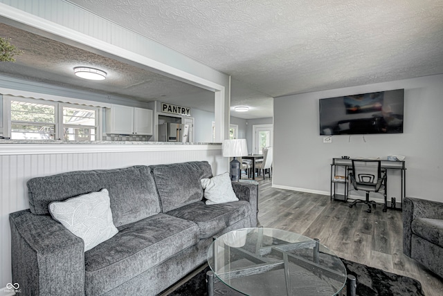 living room with a textured ceiling and hardwood / wood-style floors