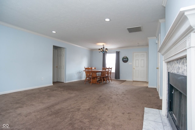 unfurnished living room featuring a textured ceiling, light colored carpet, and crown molding