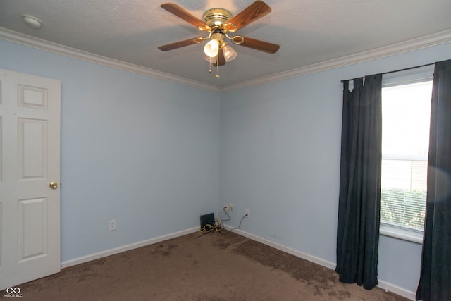 unfurnished room featuring a textured ceiling, ceiling fan, and carpet floors