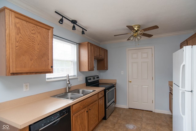 kitchen with dishwasher, stainless steel electric stove, sink, track lighting, and white fridge