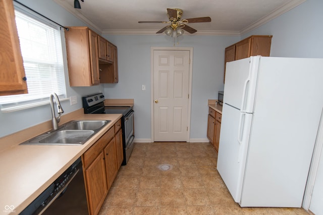 kitchen featuring black appliances, light tile patterned floors, crown molding, sink, and ceiling fan