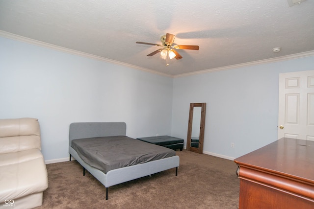 bedroom featuring carpet, ceiling fan, and ornamental molding