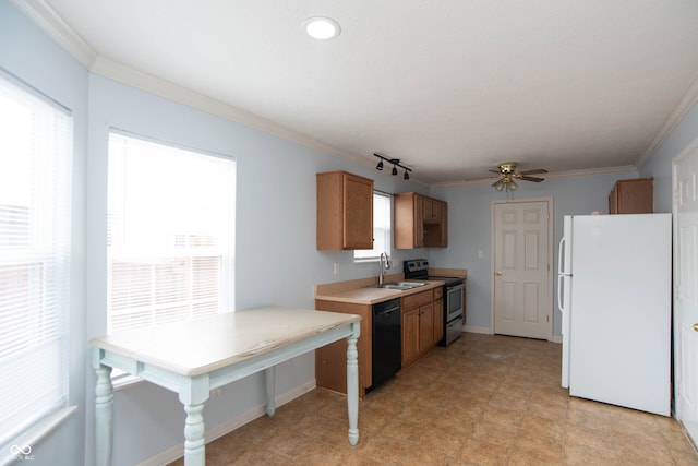 kitchen featuring dishwasher, sink, white fridge, electric stove, and ceiling fan