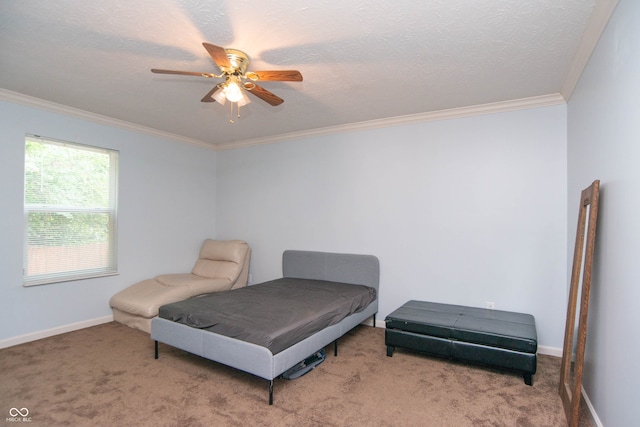 carpeted bedroom featuring crown molding, a textured ceiling, and ceiling fan