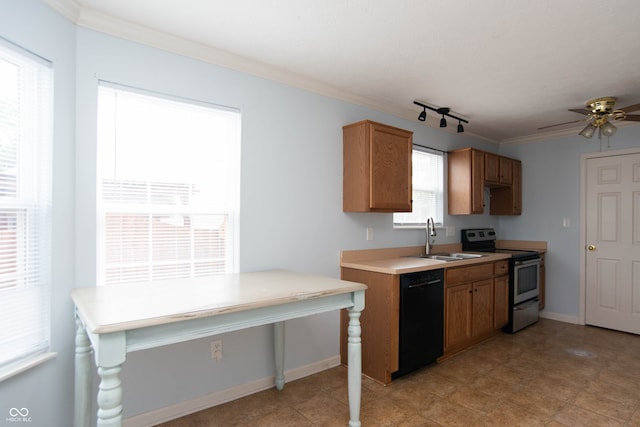 kitchen with black dishwasher, stainless steel electric range oven, crown molding, sink, and ceiling fan