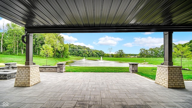 view of patio with a water view