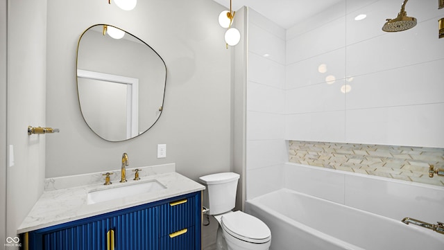 full bathroom featuring a shower, vanity, toilet, and a bathing tub