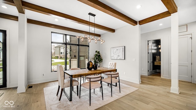 dining space featuring baseboards, beamed ceiling, light wood-type flooring, a notable chandelier, and recessed lighting