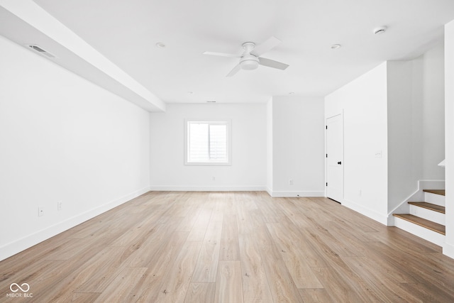 empty room with ceiling fan and light hardwood / wood-style floors