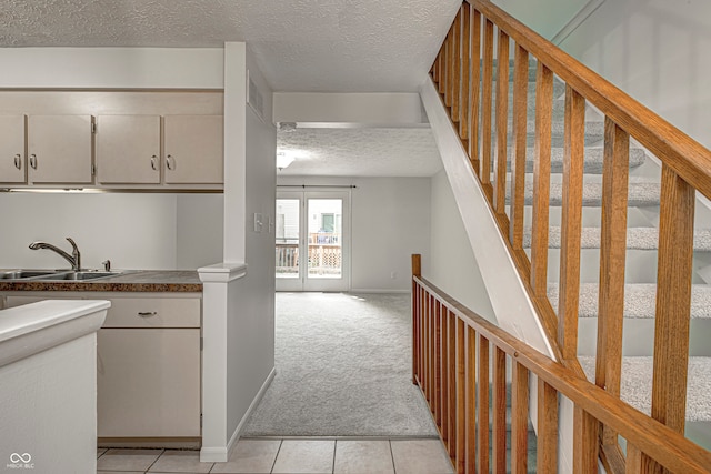 kitchen featuring a textured ceiling, sink, and light colored carpet