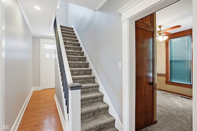 stairs with wood-type flooring, crown molding, and ceiling fan