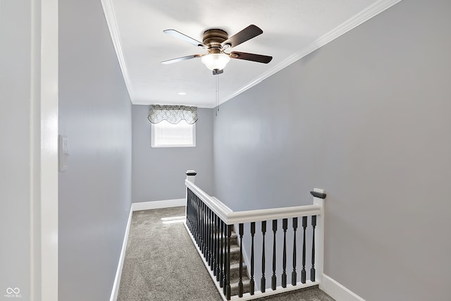 corridor featuring carpet flooring and ornamental molding