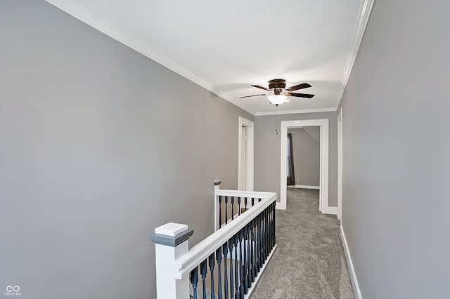 hallway with ornamental molding and carpet flooring