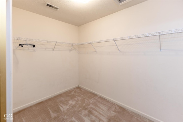 walk in closet featuring visible vents and light carpet