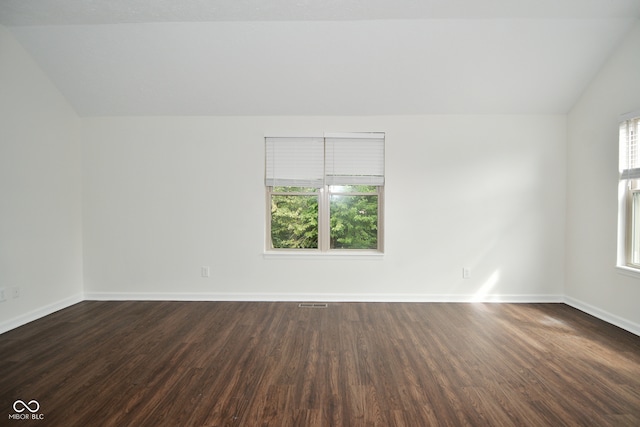 empty room featuring vaulted ceiling, dark hardwood / wood-style floors, and a healthy amount of sunlight