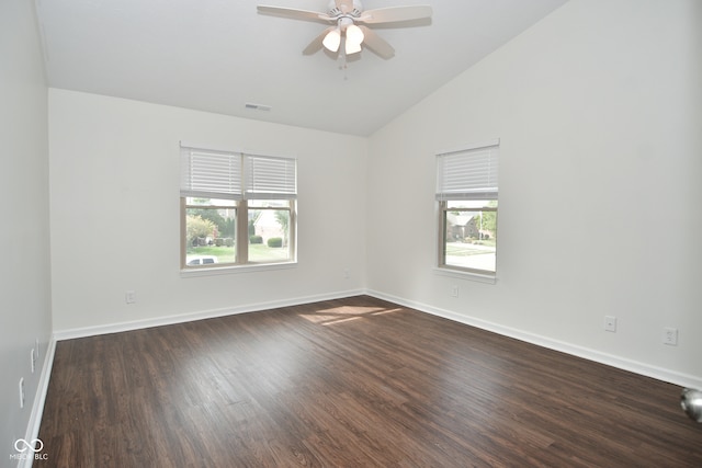 unfurnished room featuring high vaulted ceiling, ceiling fan, and dark hardwood / wood-style floors