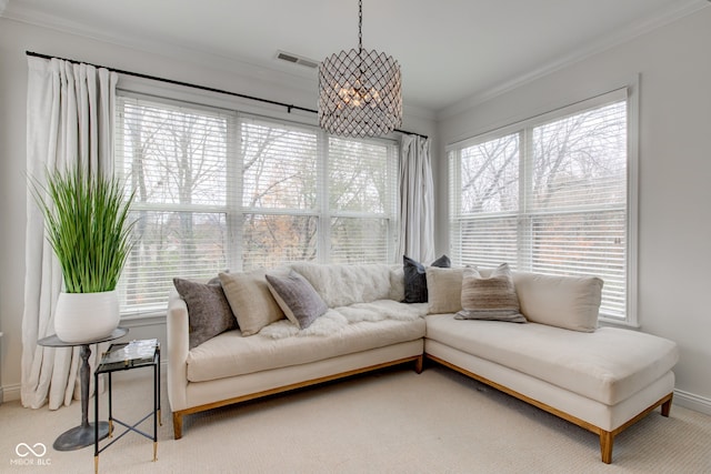 carpeted living room featuring crown molding and a healthy amount of sunlight