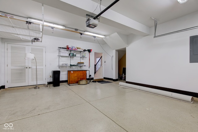 garage with electric panel, a garage door opener, and french doors