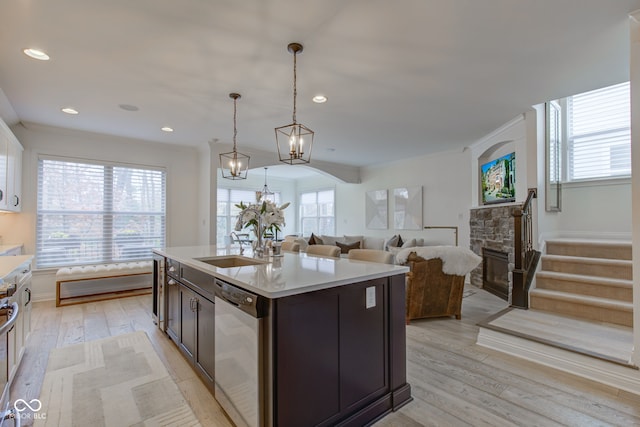 kitchen featuring dishwasher, light hardwood / wood-style floors, and plenty of natural light