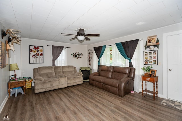 living room with a ceiling fan, a wealth of natural light, and wood finished floors