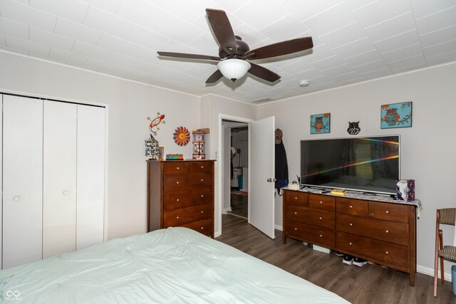 bedroom with a closet, ceiling fan, and dark hardwood / wood-style floors