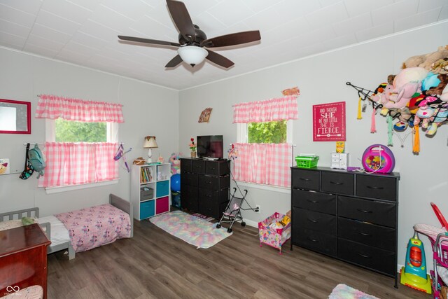 recreation room with dark hardwood / wood-style flooring and ceiling fan