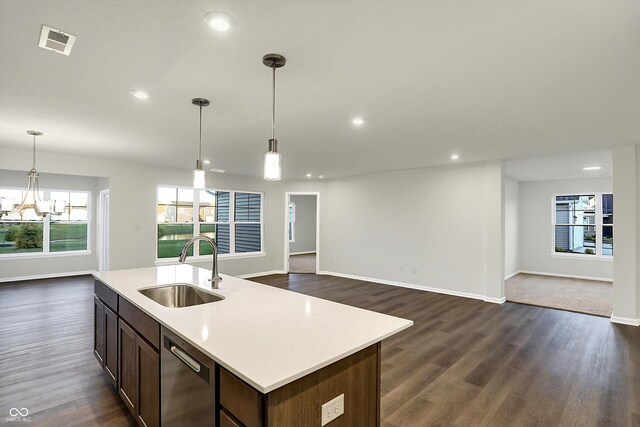 134 Maxim Ct, Cumberland, IN 46229 - kitchen with a sink, dishwasher, open floor plan, dark wood-style flooring, and recessed lighting