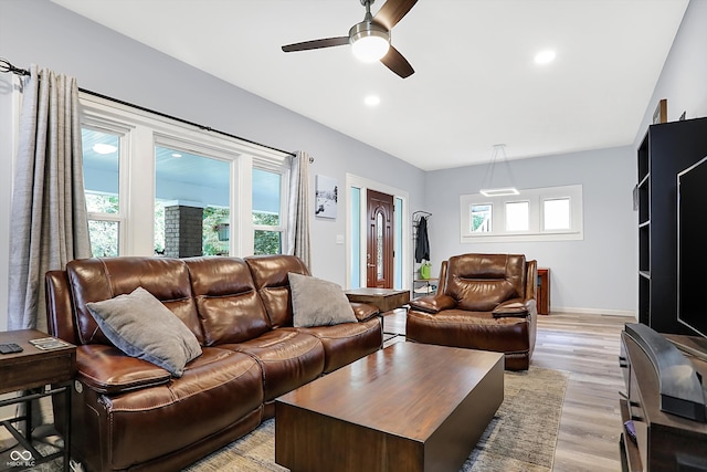 living room with ceiling fan and light hardwood / wood-style floors