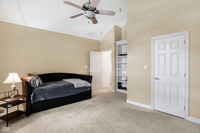 bedroom featuring light carpet, high vaulted ceiling, and ceiling fan