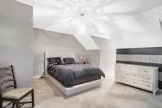 bedroom with light carpet, vaulted ceiling, and baseboards