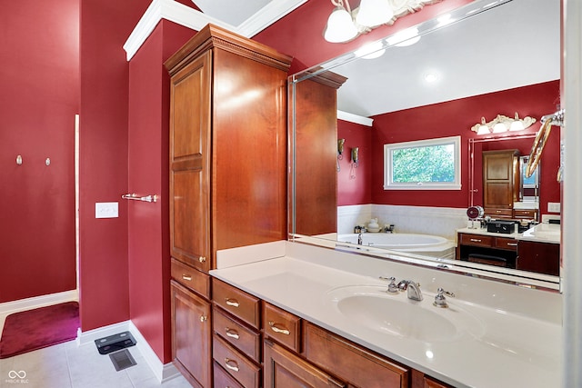 bathroom with tile patterned flooring, vanity, crown molding, and a washtub