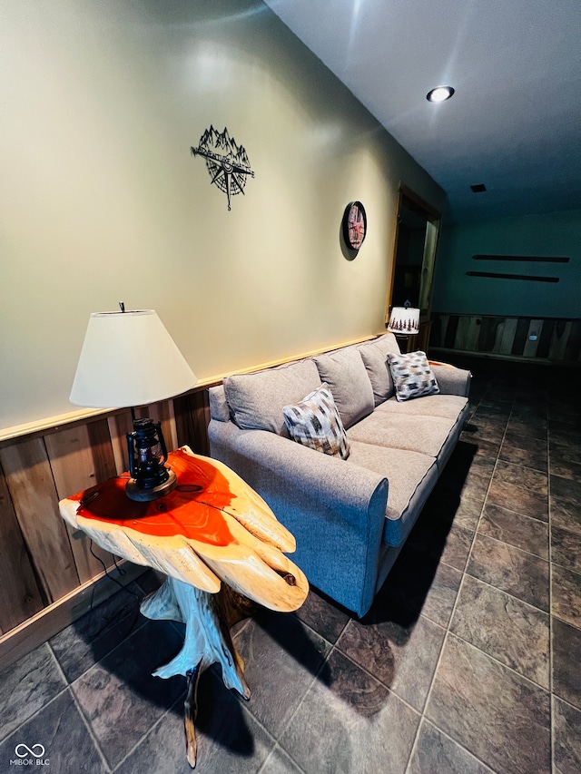 living room with lofted ceiling