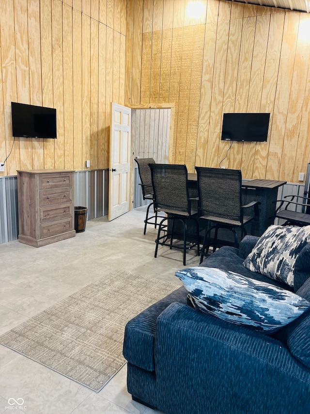 living room featuring wooden walls