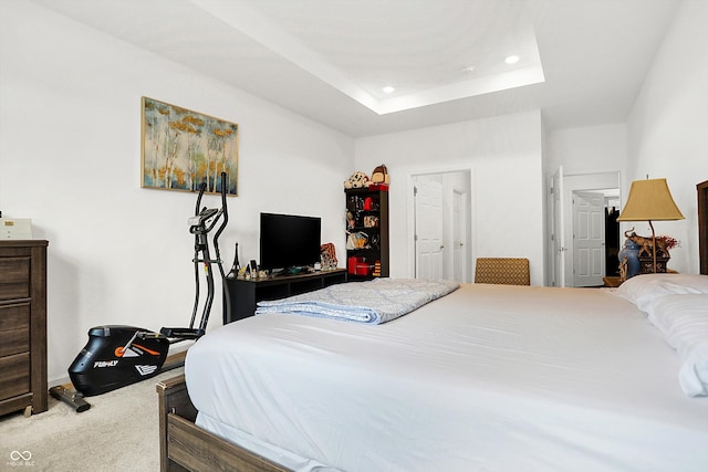 carpeted bedroom with a tray ceiling