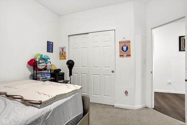 bedroom featuring light colored carpet and a closet