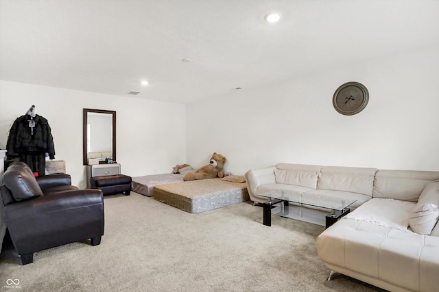 living room featuring light colored carpet