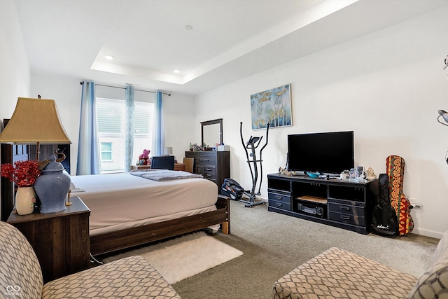 bedroom featuring a tray ceiling and carpet floors