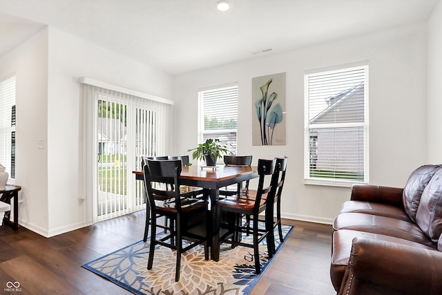 dining area with dark wood-type flooring and a wealth of natural light