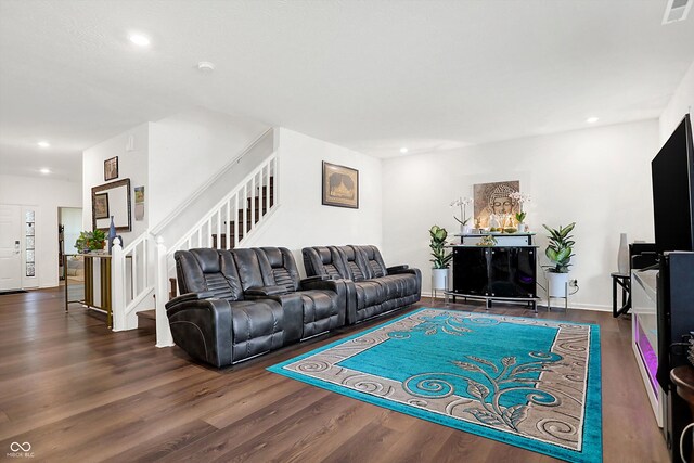 living room with dark hardwood / wood-style flooring