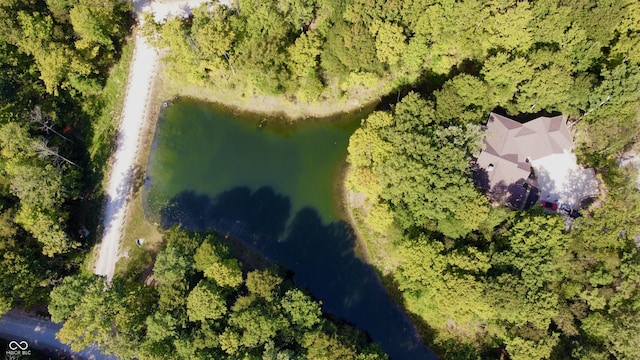 bird's eye view with a wooded view and a water view