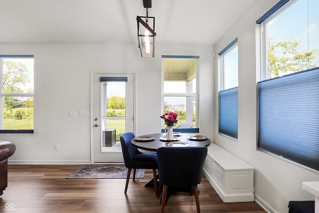 dining space with dark wood-type flooring