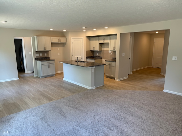 kitchen with light wood-type flooring, a center island with sink, and a textured ceiling