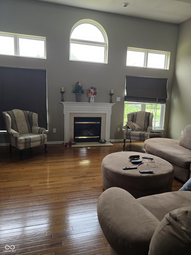 living area featuring a wealth of natural light, wood-type flooring, a towering ceiling, and a fireplace with flush hearth