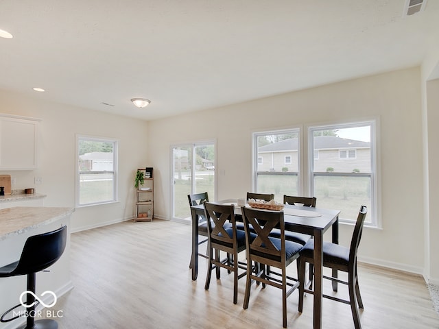 dining room with baseboards, recessed lighting, visible vents, and light wood-style floors