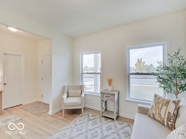 sitting room featuring light wood-style flooring and baseboards